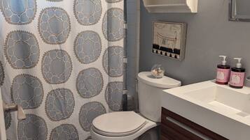 Hair dryer, towels, soap, shampoo