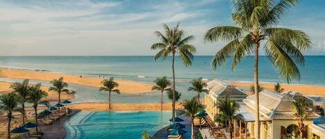 On the beach, sun loungers