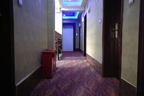A hallway with a patterned carpet, a red object on the left, and a door at the end.