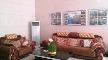 Sala de estar com dois sofás, uma mesa de centro e ar condicionado fixado na parede.