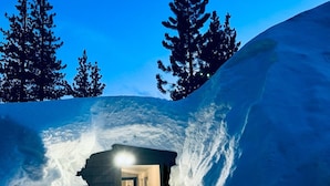 Una cueva de nieve con una pequeña entrada y un perro en su interior.