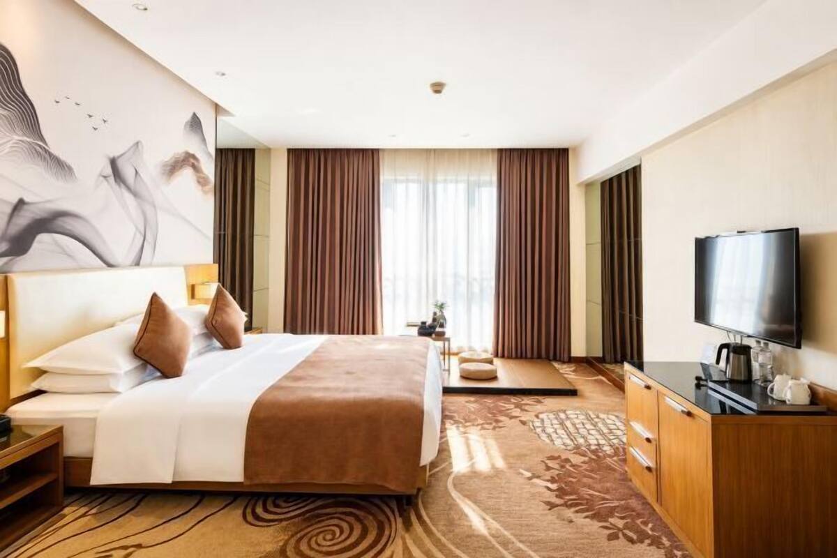 Hotelkamer met een groot bed, een televisie, een bureau en uitzicht op de omgeving.