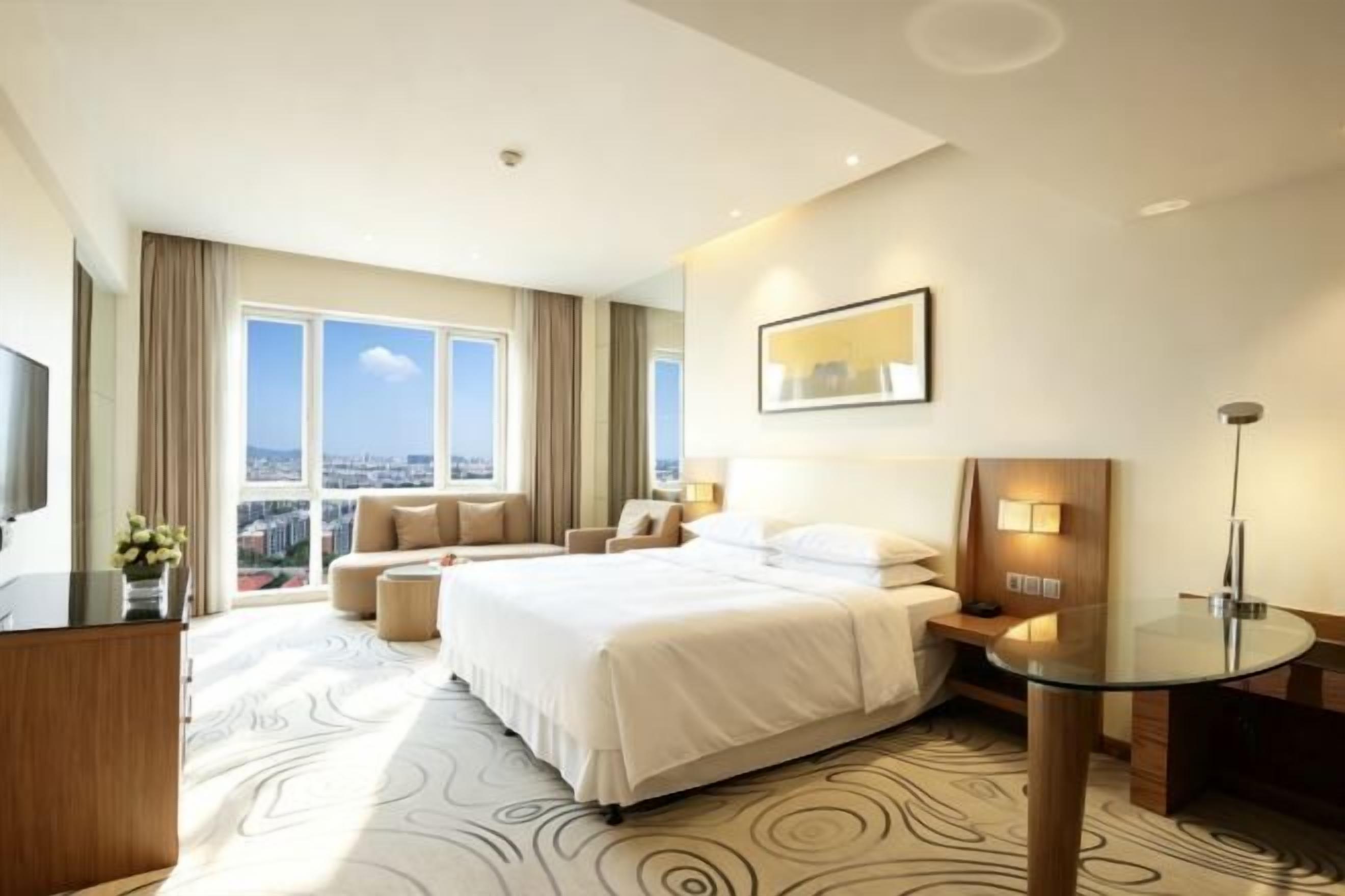 A hotel room with a large bed, a desk, a chair, a TV, and a view of the city.