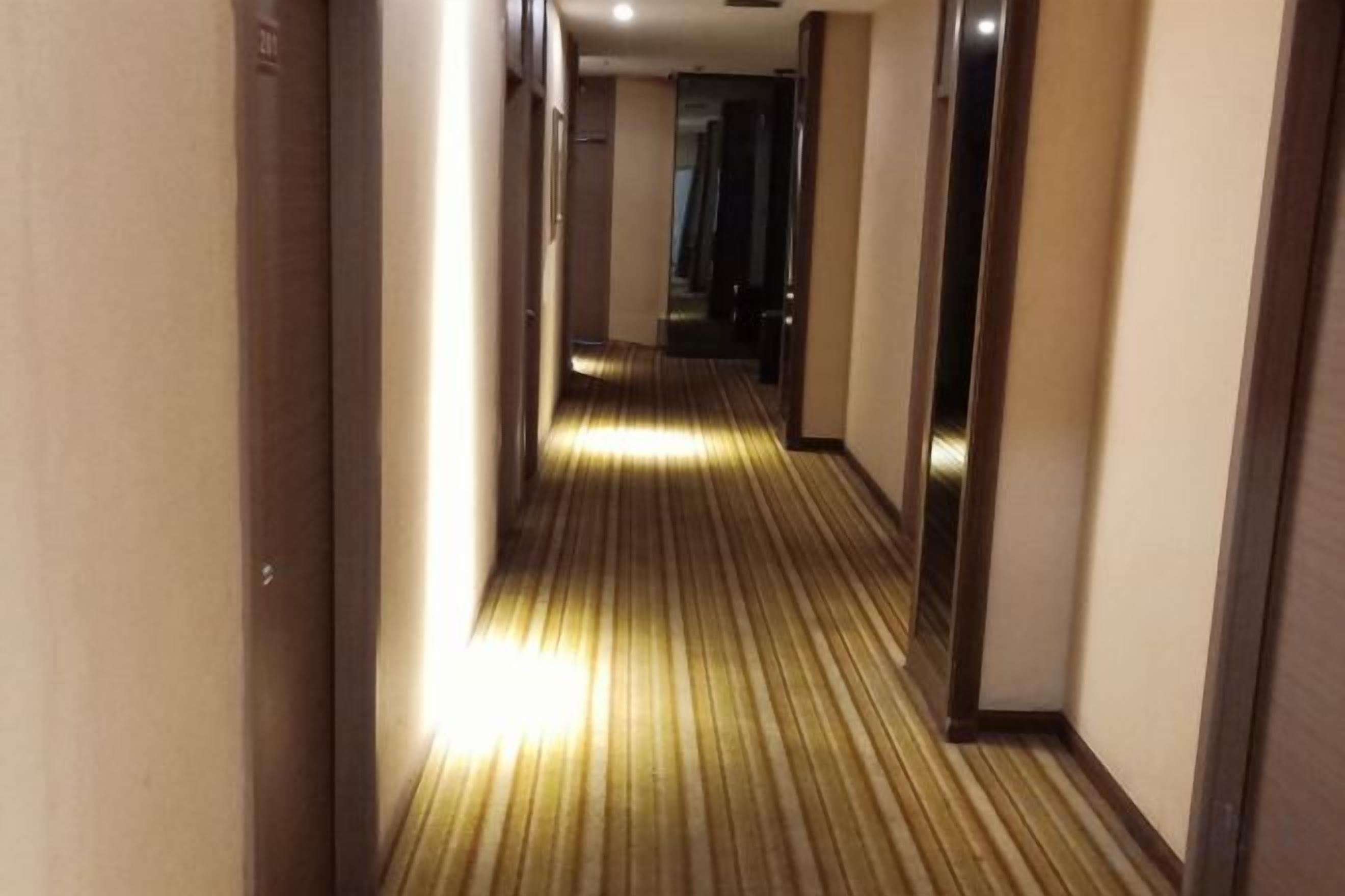 Een gang met een kamerbreed tapijt en een lichtbron aan de linkerkant.