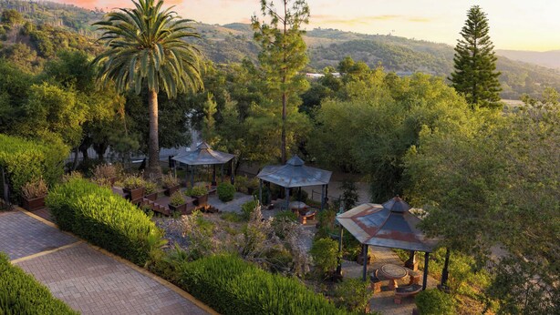 A garden with a gazebo, palm tree, and various plants. - Keys Creek Main House by Avantstay Luxury 9bdr Estate (Valley Center)
