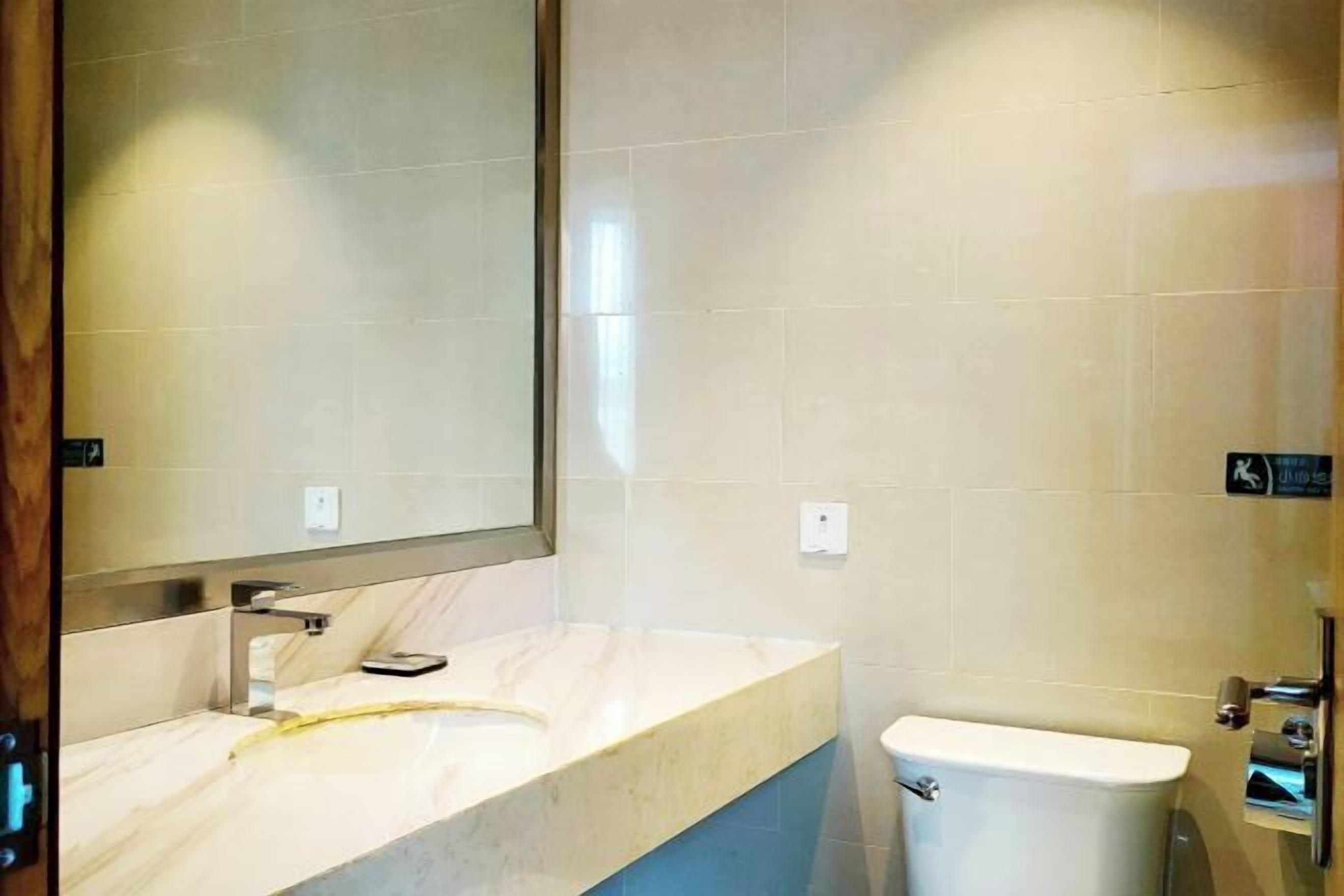 A bathroom with a marble vanity, a toilet, and a mirror.