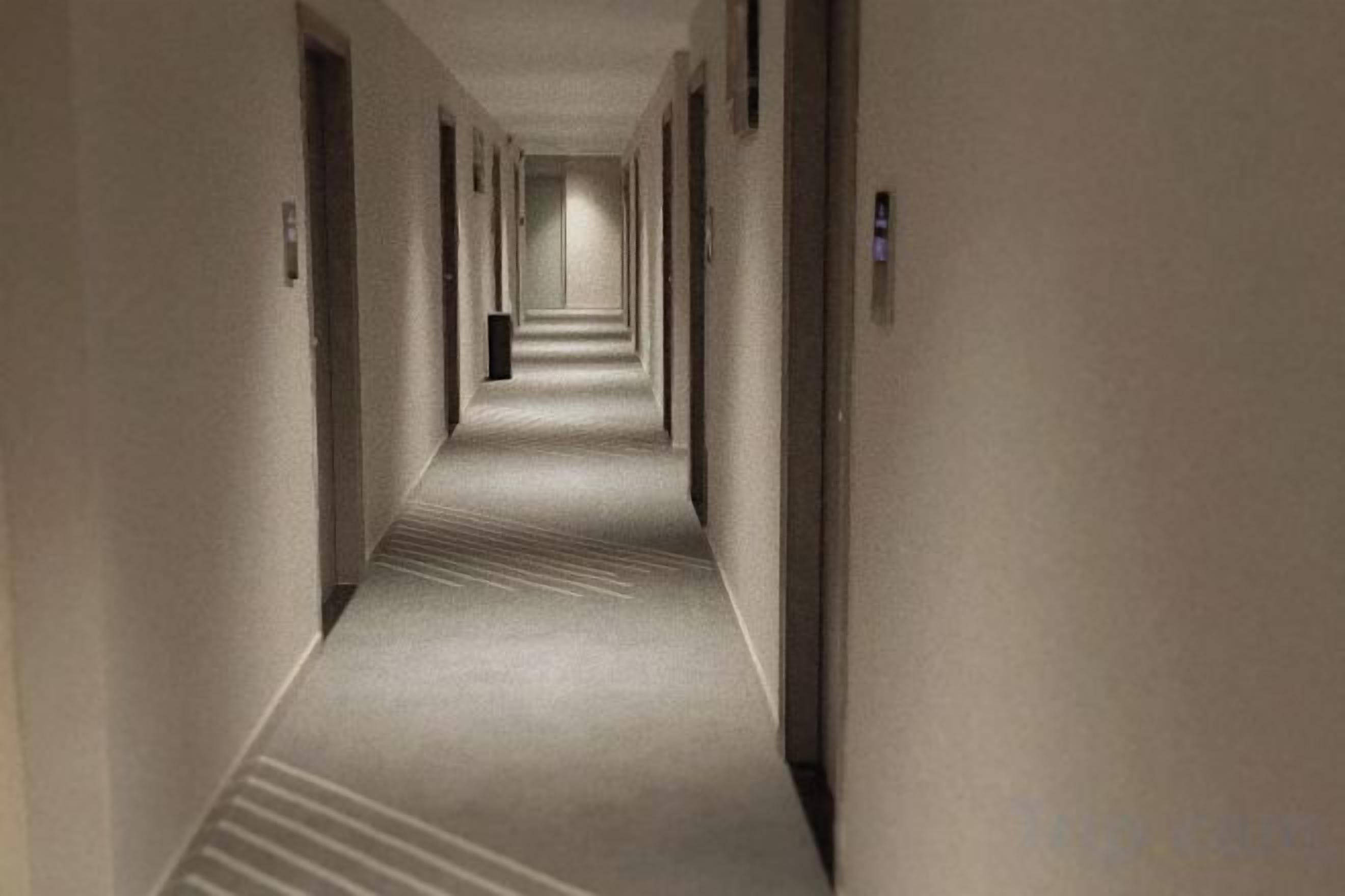 Passadís llarg i estret d'hotel amb portes a banda i banda que condueixen a habitacions individuals.