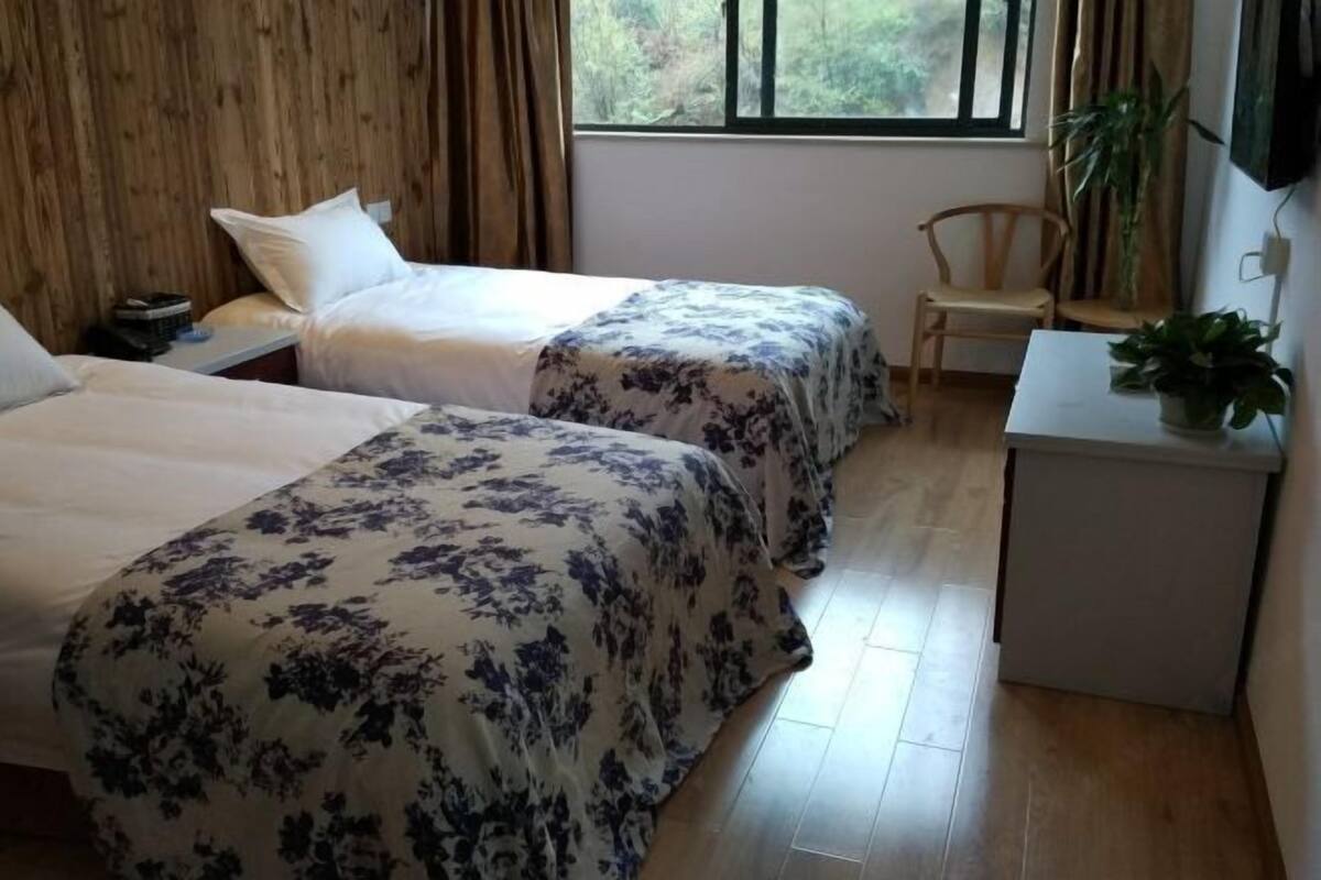 Une chambre avec deux lits, une petite table, une chaise, une fenêtre et une plante.