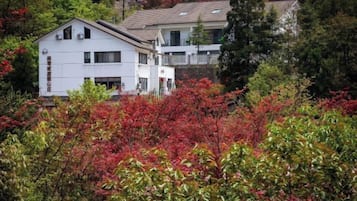 A two-story building with a flat roof, surrounded by dense foliage with red and green leaves.