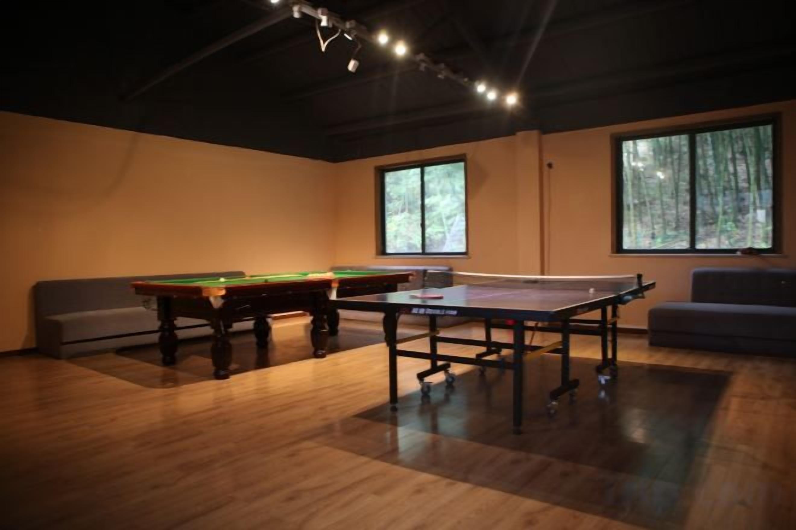A room with a pool table, a ping pong table, and a sofa.
