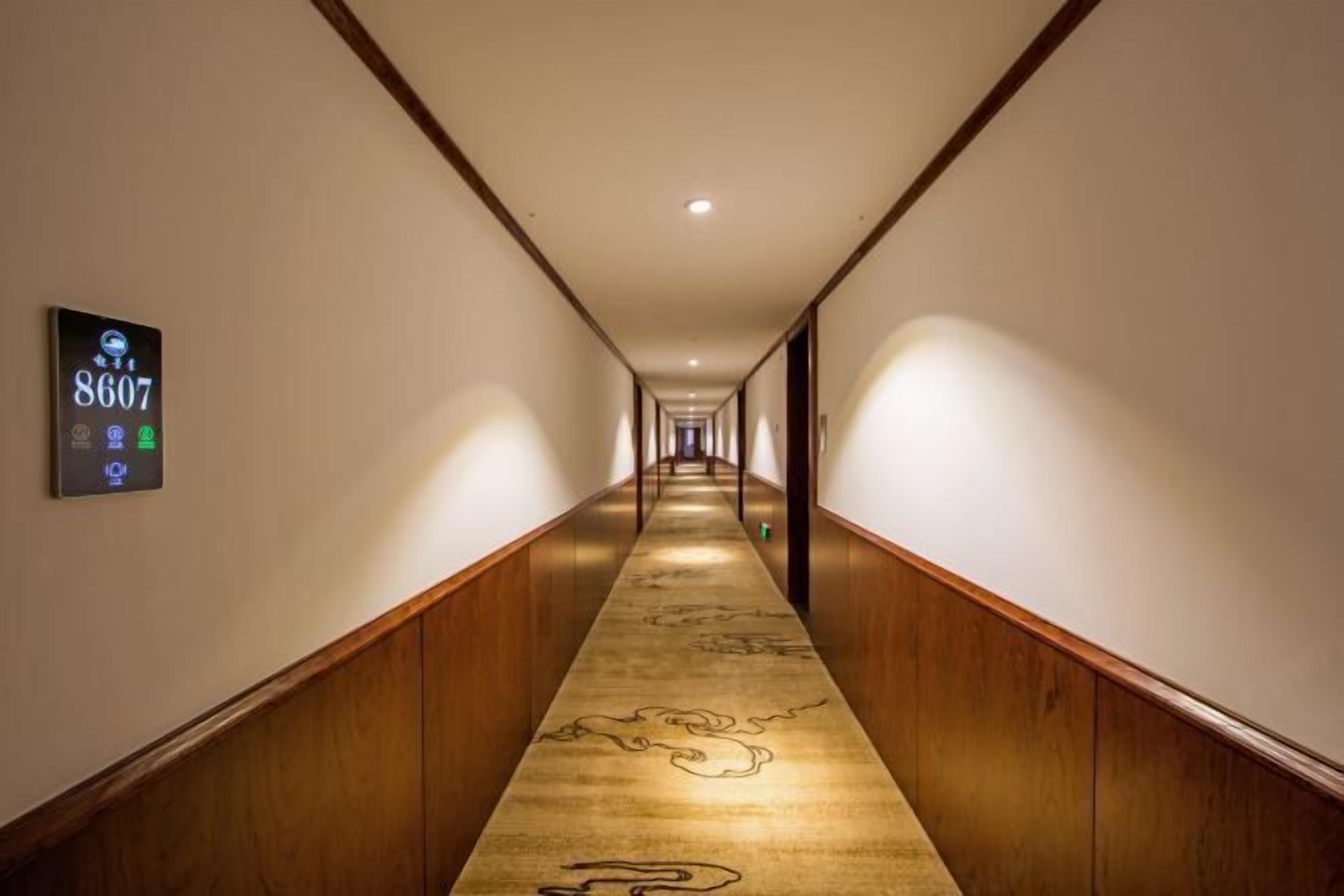 A long, narrow hotel hallway with wooden paneling on the walls and a carpet with a dragon design.