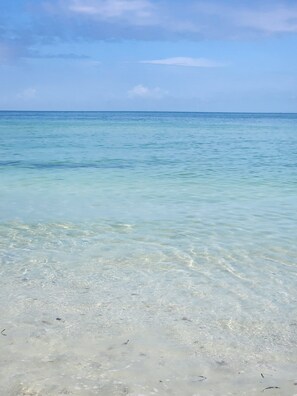A clear view of a beach with shallow, calm waters and a sandy shore.