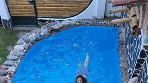 Une piscine bordée de pierres, avec une clôture en bois en arrière-plan.