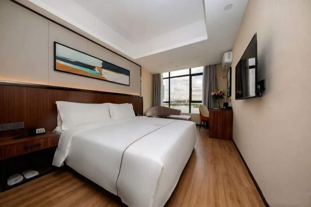 A hotel room with a large bed, a desk, a chair, a TV, and a window.