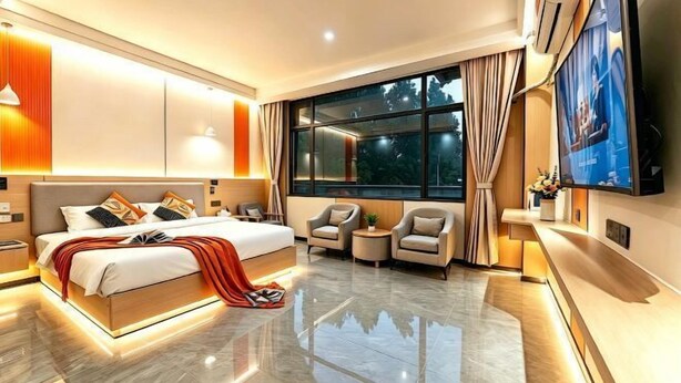 A modern hotel room with a large bed, a TV, a seating area, and a large window. - Zhaoqing Duanxu Hotel (Fortune Plaza) (Zhaoqing)