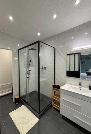 Dusche, Haartrockner, Handtücher, Seife