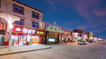 A street lined with shops and a paved walkway.