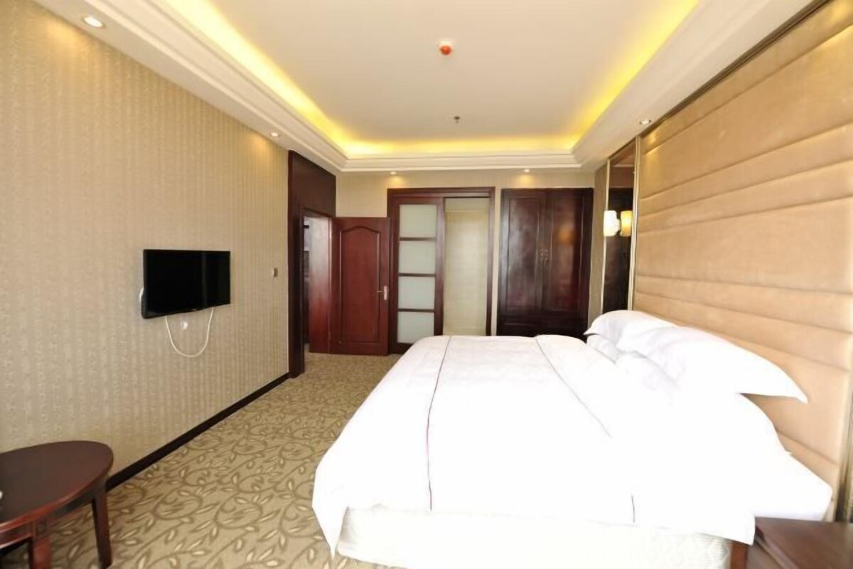 A hotel room with a large bed, a television mounted on the wall, a wooden door, and a patterned carpet.
