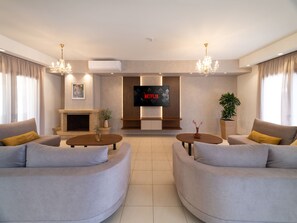 Un salon moderne avec une cheminée, deux canapés, un téléviseur et des plantes décoratives.