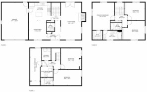 A hotel layout with three floors, including a garage, dining area, living room, bedrooms, bathrooms, and a theatre. - Themed Bedrooms, Movie Room & Firepit Yard (Westminster)