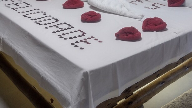 Un lit parfaitement fait, avec un drap blanc, des pétales de rose rouge et une serviette pliée en forme de cygne.