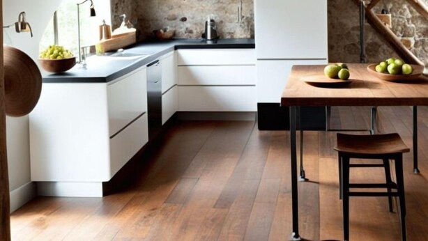A rustic kitchen with wooden beams, a stone wall, and a modern stove. - Chalé e Suítes Naldiane (Mata de São João)