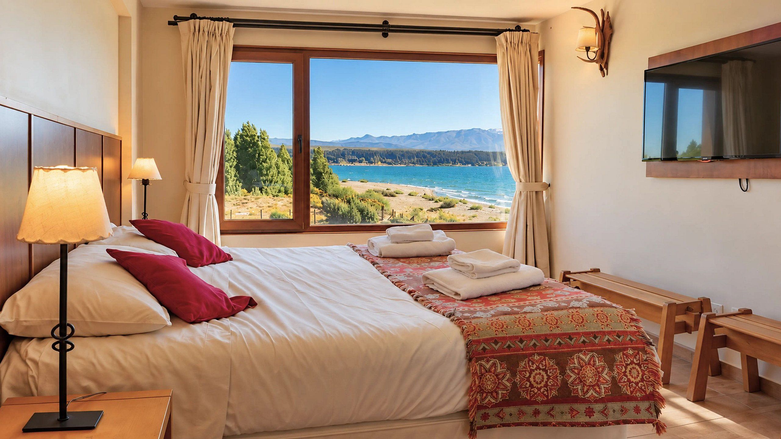 Une chambre d’hôtel avec un grand lit, une table de chevet, une lampe, une vue sur la mer et un banc en bois.