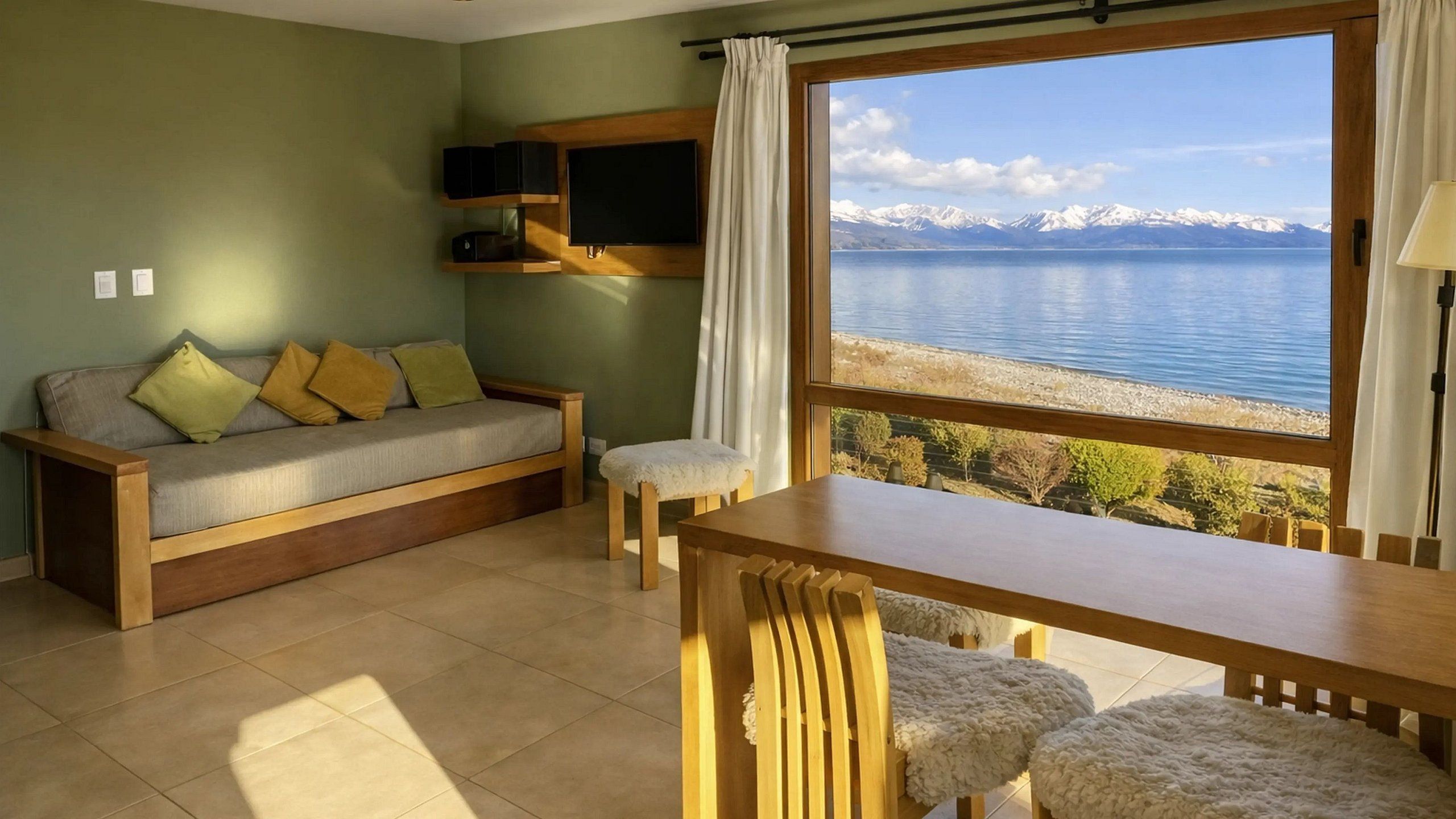 A room with a sofa, a table, and a view of a lake and mountains.