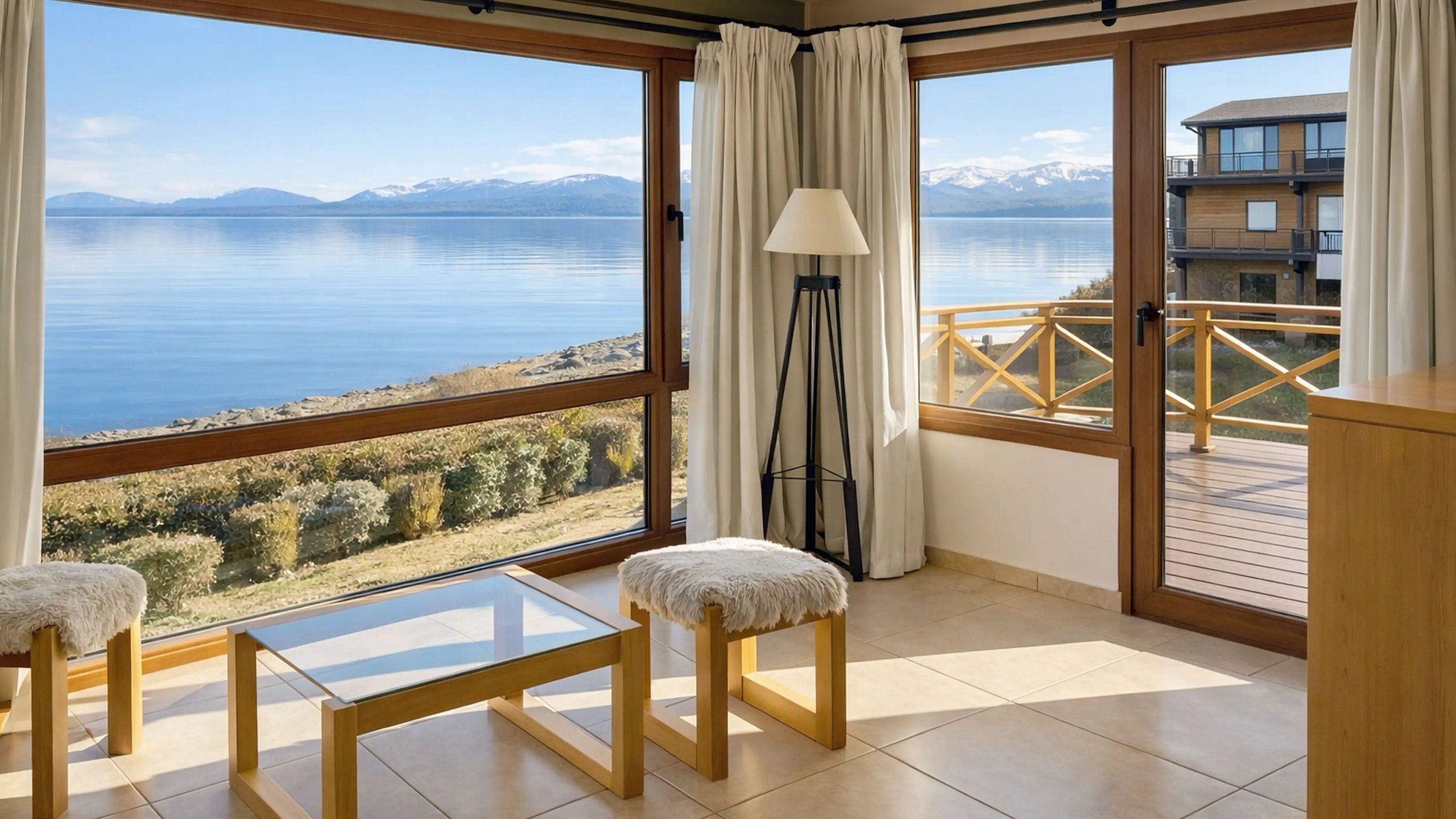 Una habitación con vistas a un lago y montañas, una mesa de vidrio, dos sillones acolchados, una lámpara de pie y un balcón con barandillas de madera.