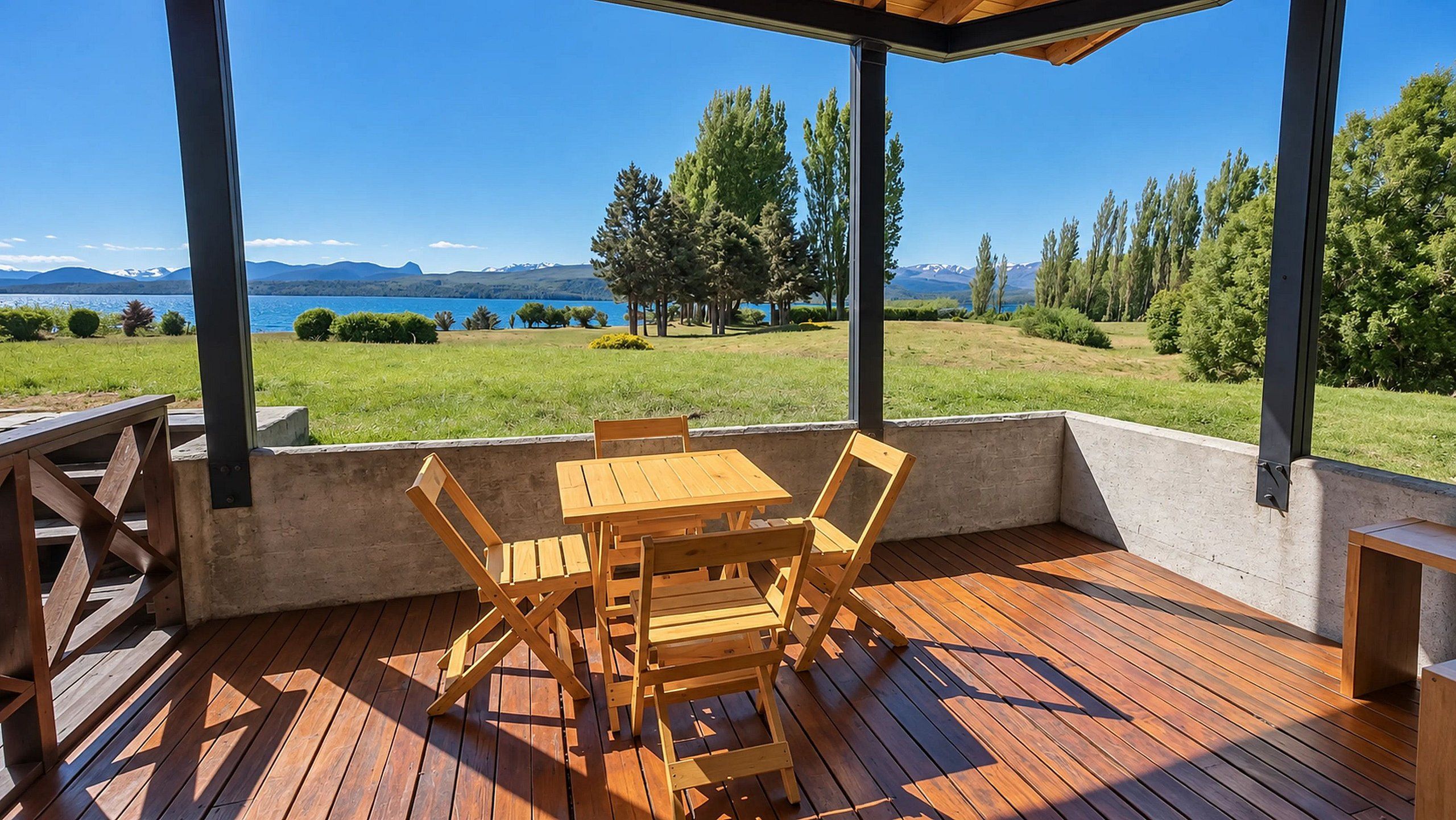 Un terrazzo in legno con tavolo e sedie, affacciato su un paesaggio panoramico con montagne e alberi.