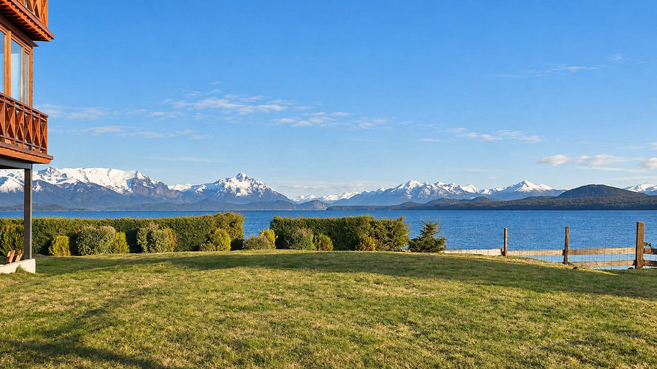 Un espacio cubierto de césped con una terraza de madera y vistas a un lago y montañas nevadas.