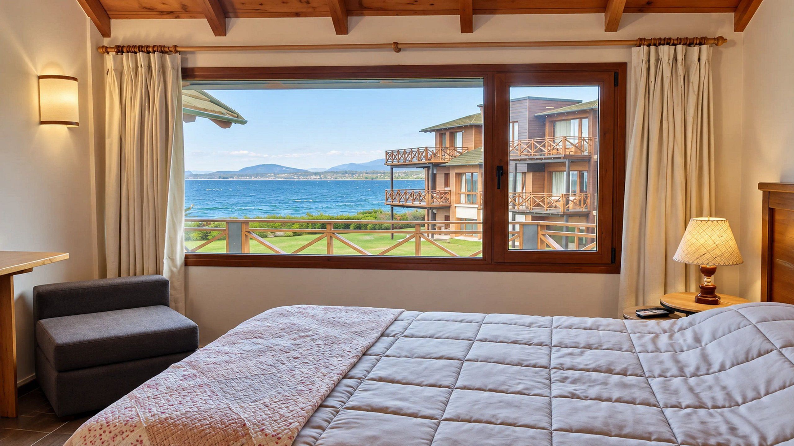 Una camera d'hotel con un letto grande, una sedia, un comodino con una lampada e una finestra con vista su un edificio e il mare.