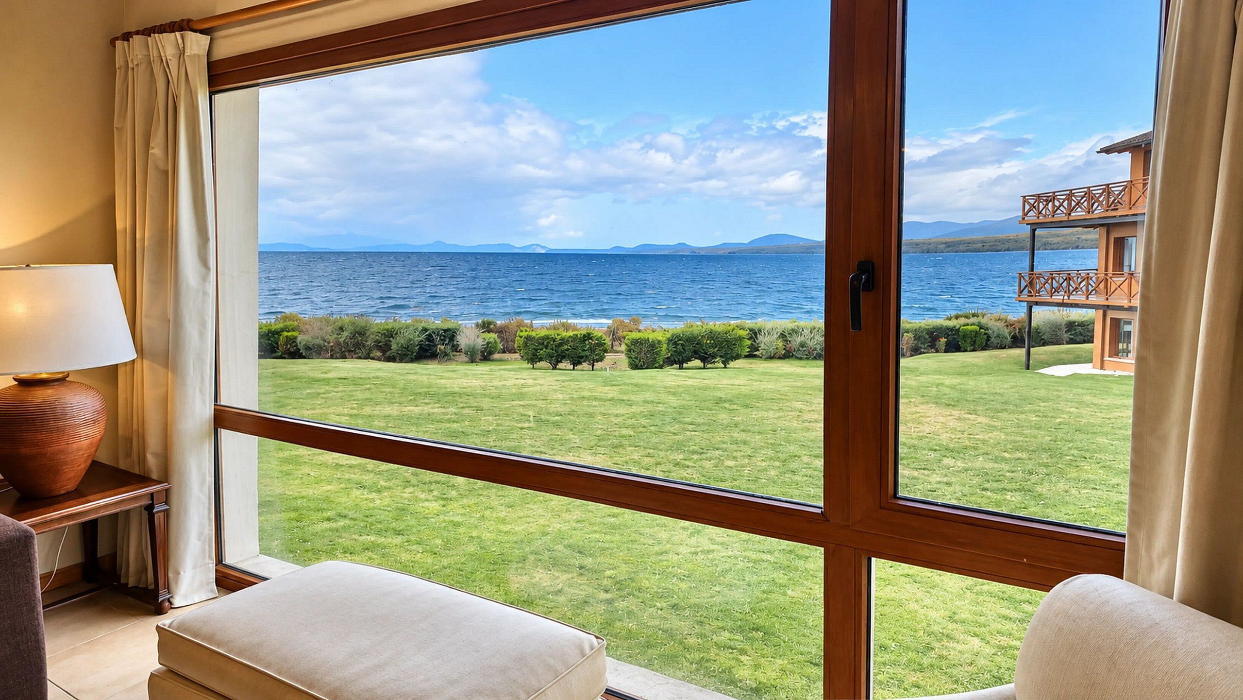 A room with a large window offering a view of a grassy area and a body of water.