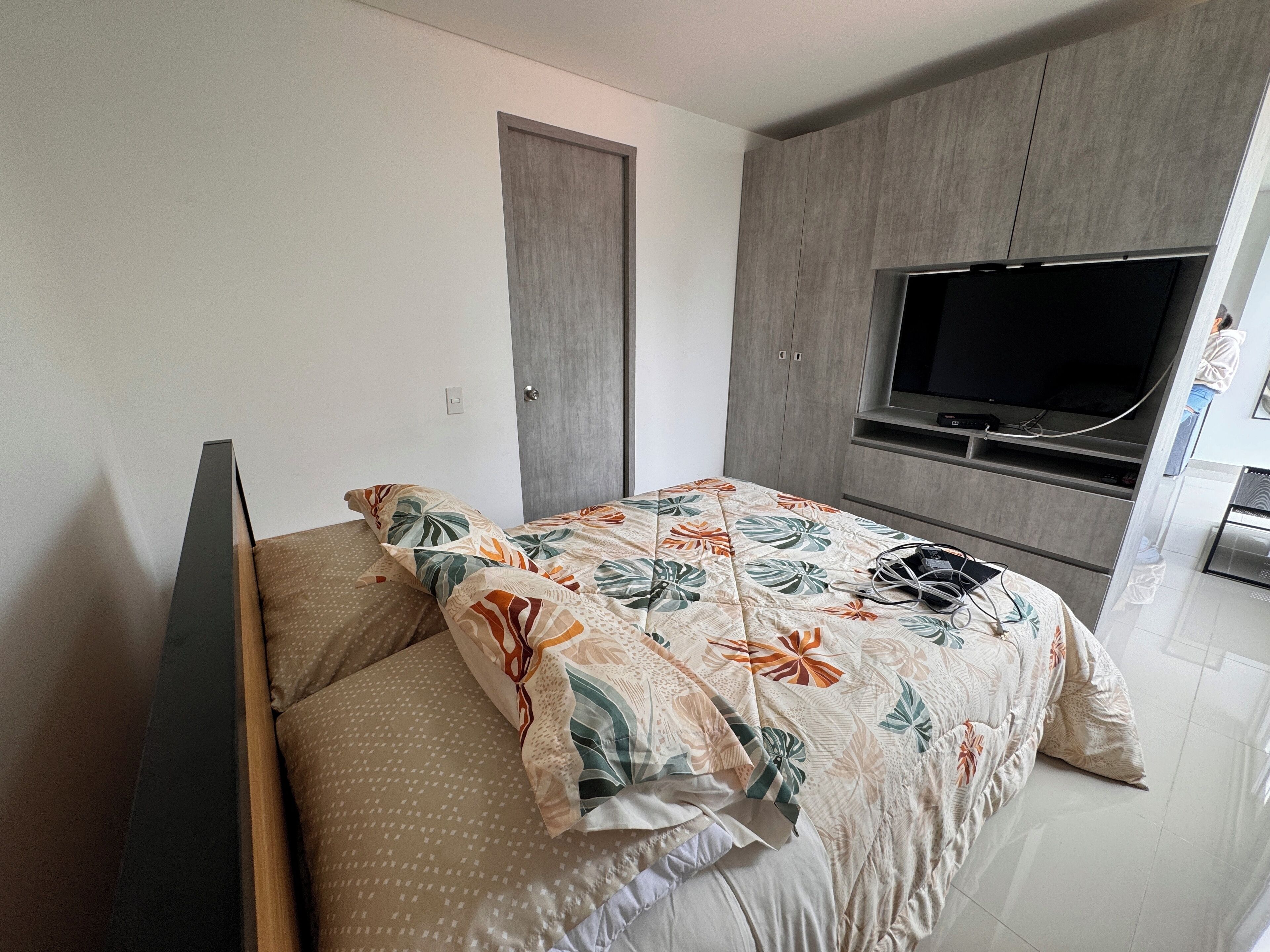 A bedroom with a bed, a TV, and a wardrobe.