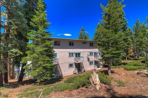 A multi-story building surrounded by trees, with a clear sky. - Cozy Condo | Near Heavenly-Fireplace | Sleeps 6 (Stateline)