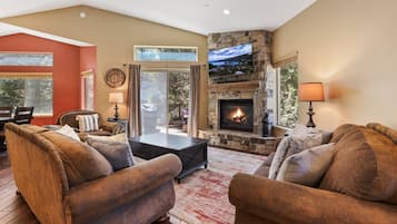 TV, fireplace, table football