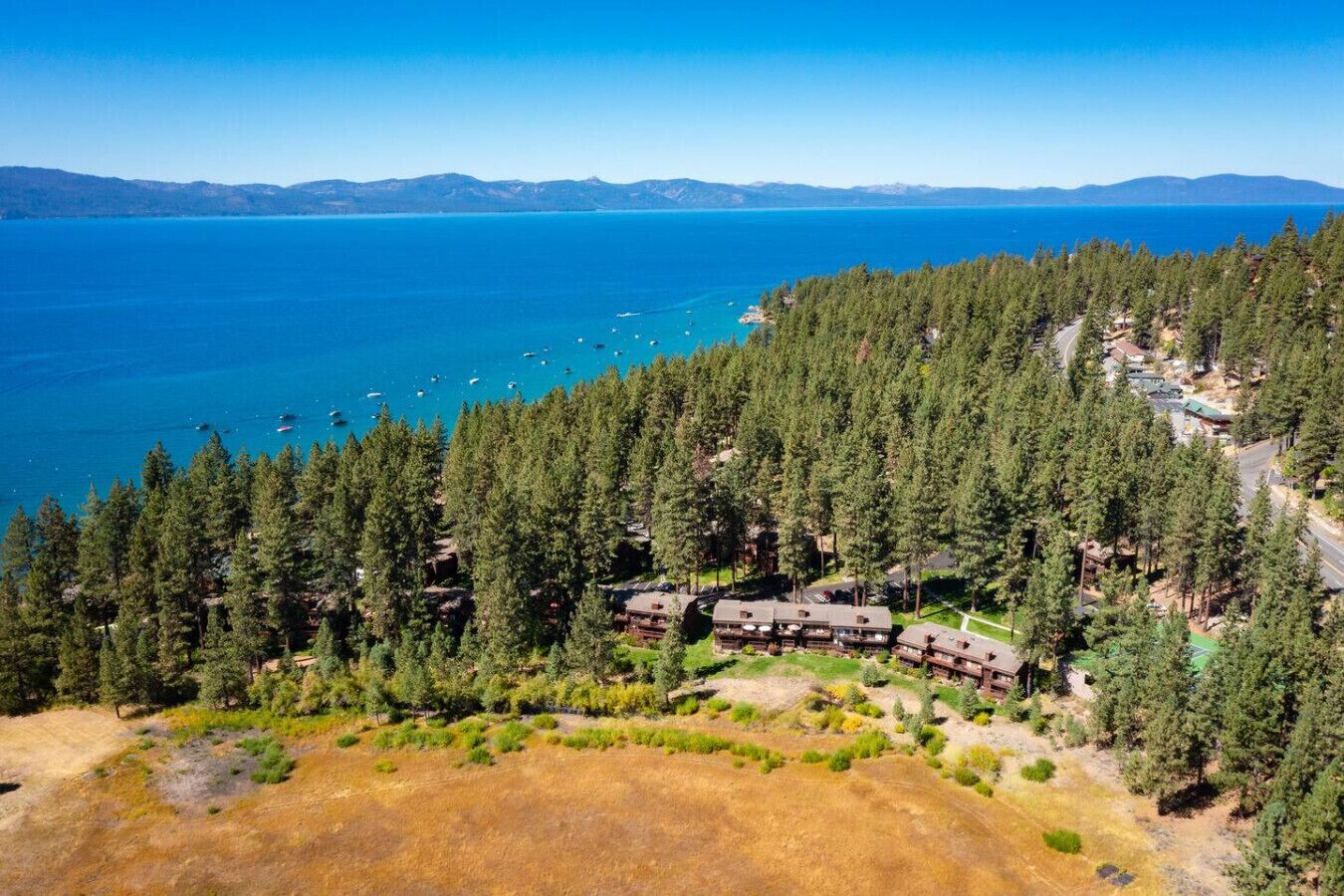 A lodge with multiple cabins surrounded by dense forest, overlooking a large body of water with boats.