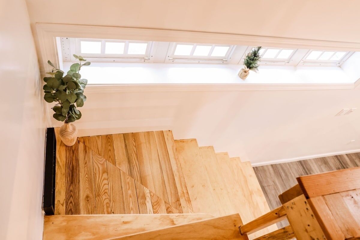 Eine Holztreppe mit Oberlicht darüber, die zu einem Raum mit weißer Wand und einer kleinen Pflanze führt.