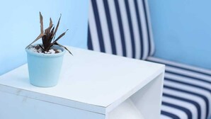 A white side table with a potted plant and a striped chair against a blue wall. - Star Hospedaria (São Paulo)