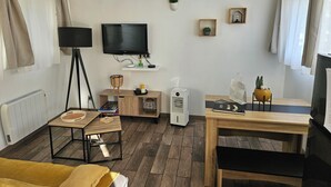 A modern living room with a flat-screen TV, wooden furniture, a radiator, and a potted plant. - Maisonnette T2 (Saint-André-les-Vergers)