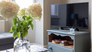 Een televisie op een lichtblauwe kast, met een afstandsbediening, een vaas met bloemen en een stapel boeken.