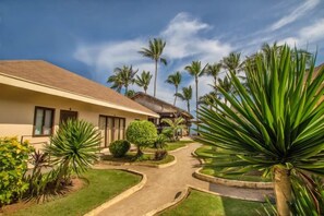 A resort with a paved walkway, palm trees, and a building with a sloped roof. - Levantin Boracay (Boracay Island)