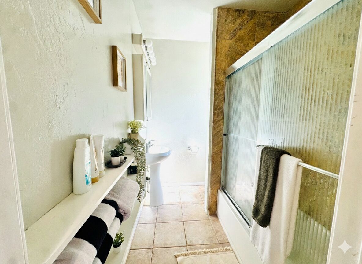 Hair dryer, towels, soap, shampoo