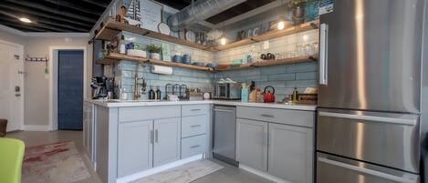 Fridge, microwave, dishwasher, coffee/tea maker