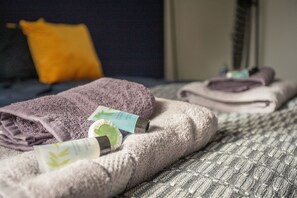 Douche, sèche-cheveux, serviettes fournies, savon