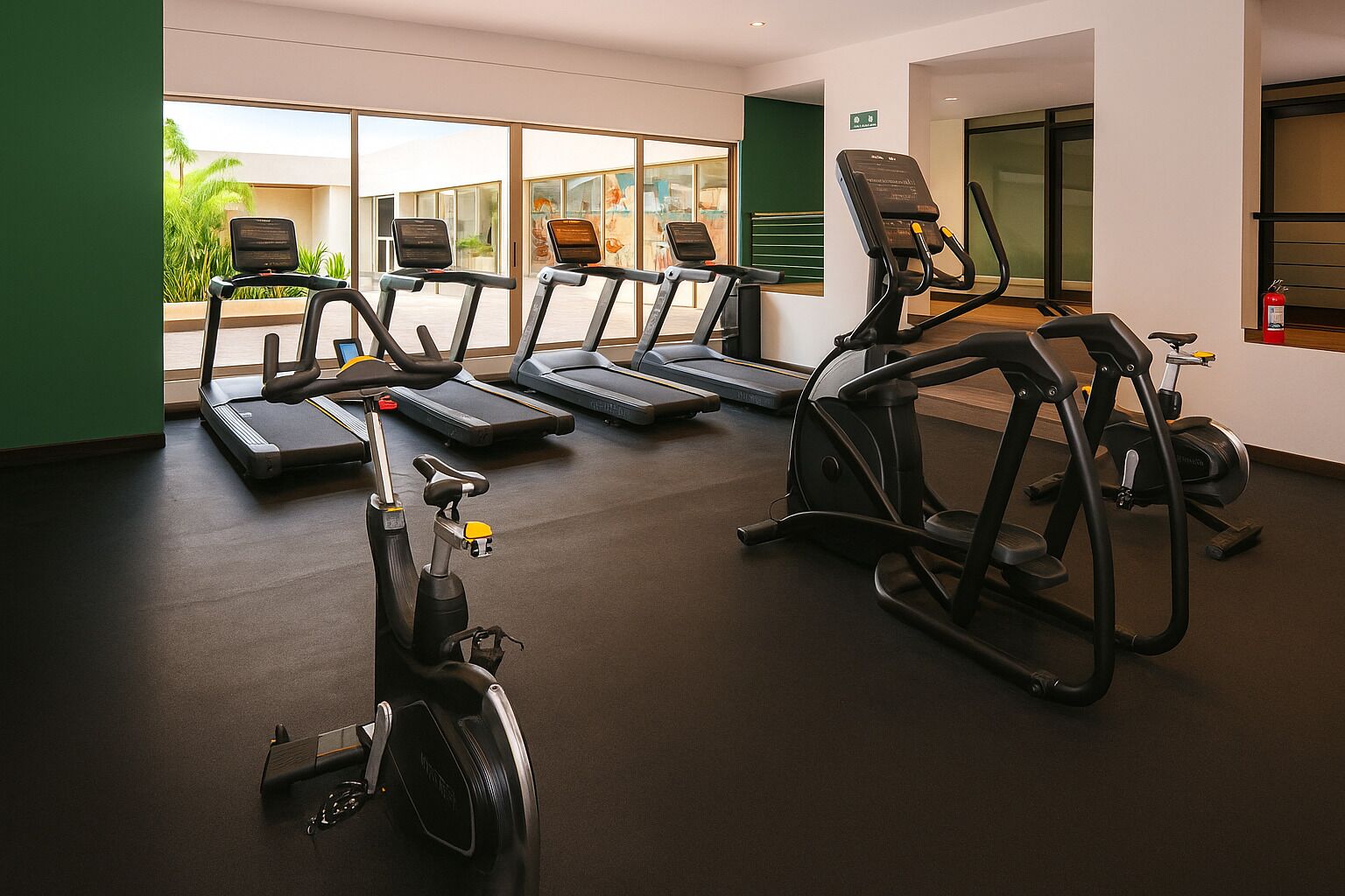 A gym with treadmills, elliptical machines, and a stationary bike.