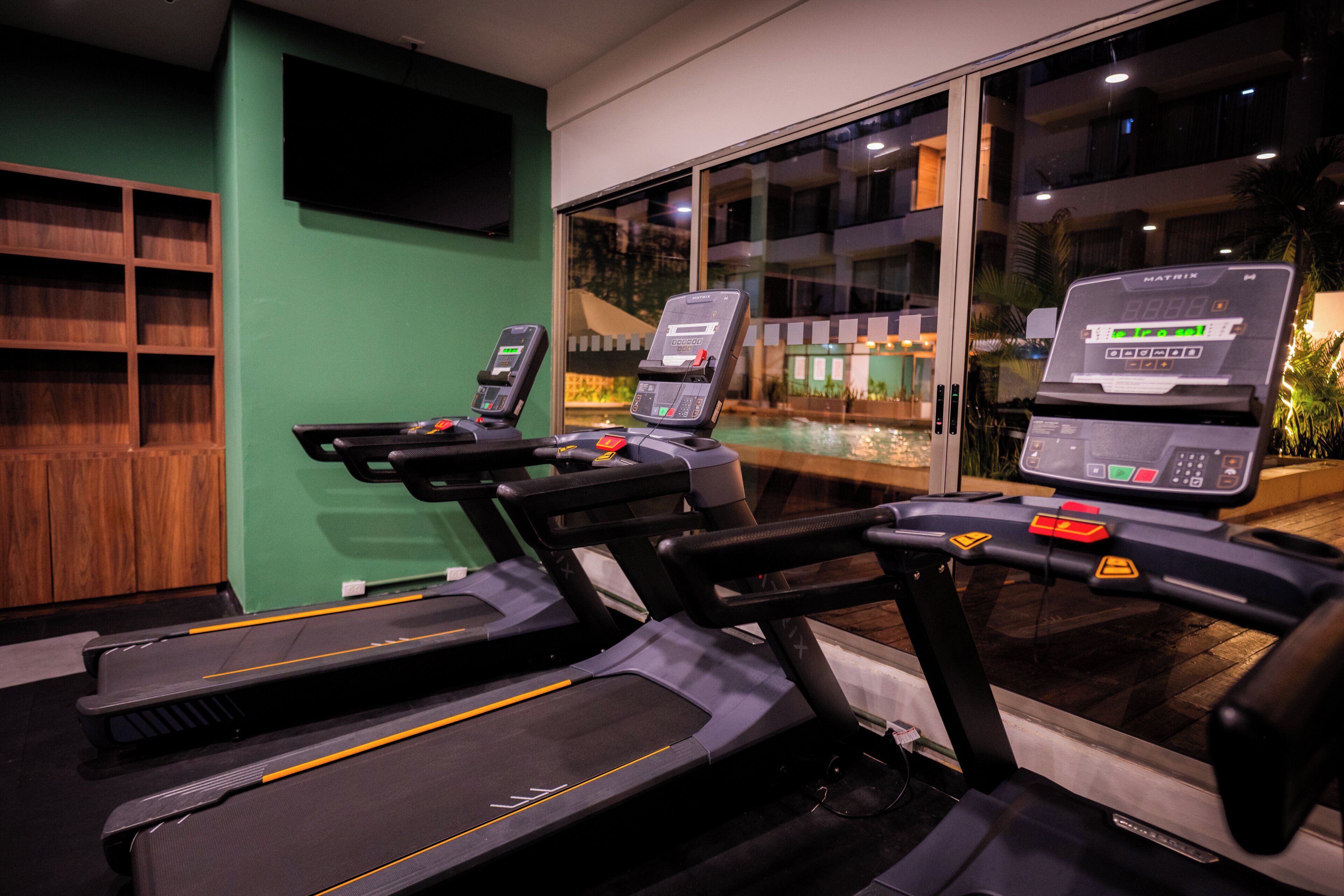 Dans une salle de sport, on trouve trois tapis de course, un mur vert et une grande fenêtre donnant sur un immeuble.