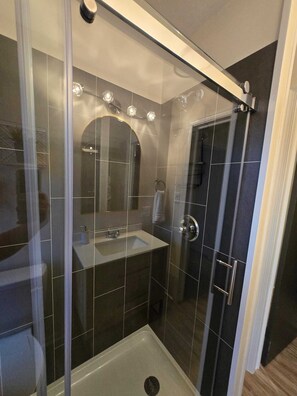 Hair dryer, towels, soap, shampoo