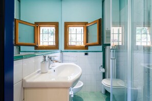Shower, hair dryer, bidet, towels
