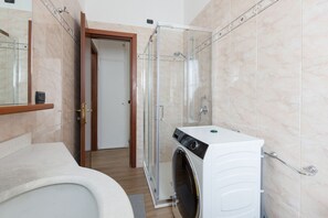 Shower, hair dryer, bidet, towels